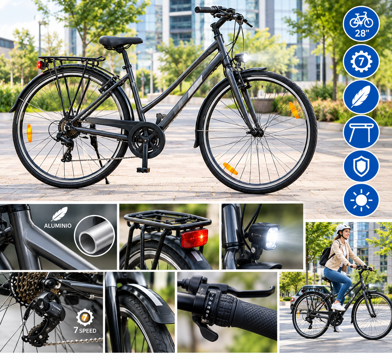 Bicicleta urbana 28" 7 velocidades con portabultos