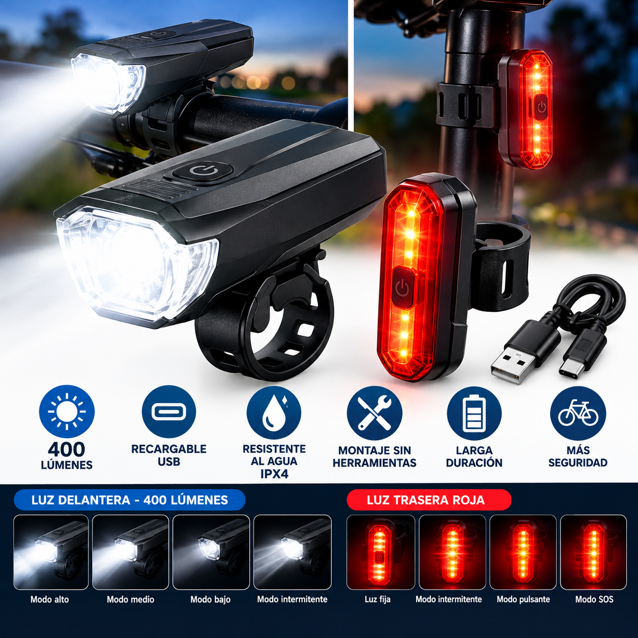 Conjunto de luzes LED para bicicleta recarregáveis USB