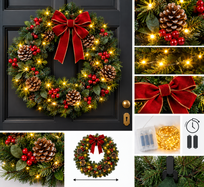 Weihnachtskranz für die Tür 50 cm mit Licht