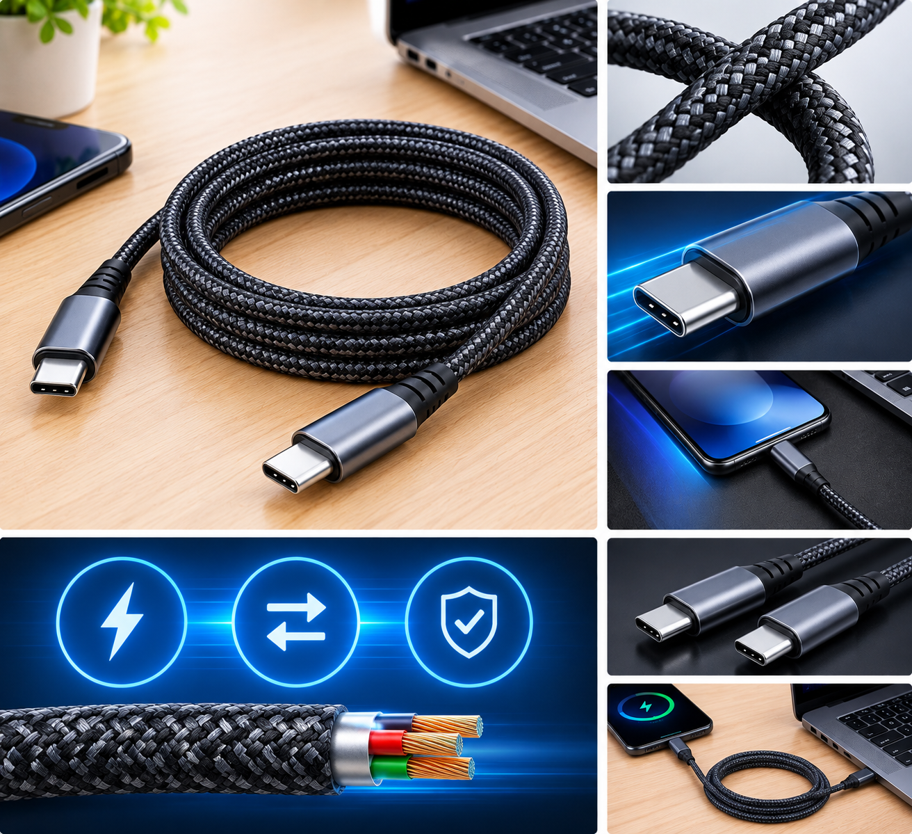 Cabo USB-C para USB-C entrançado 2 m 100 W