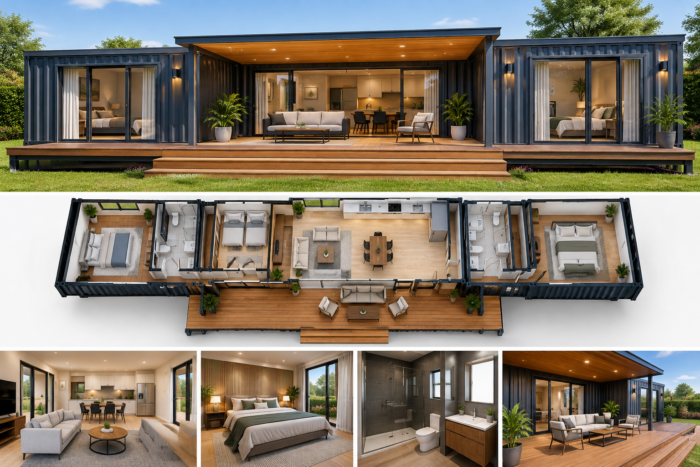 Doppel-Containerhaus 2 × 40 Fuß, 3 Schlafzimmer und Terrasse (58 m²)