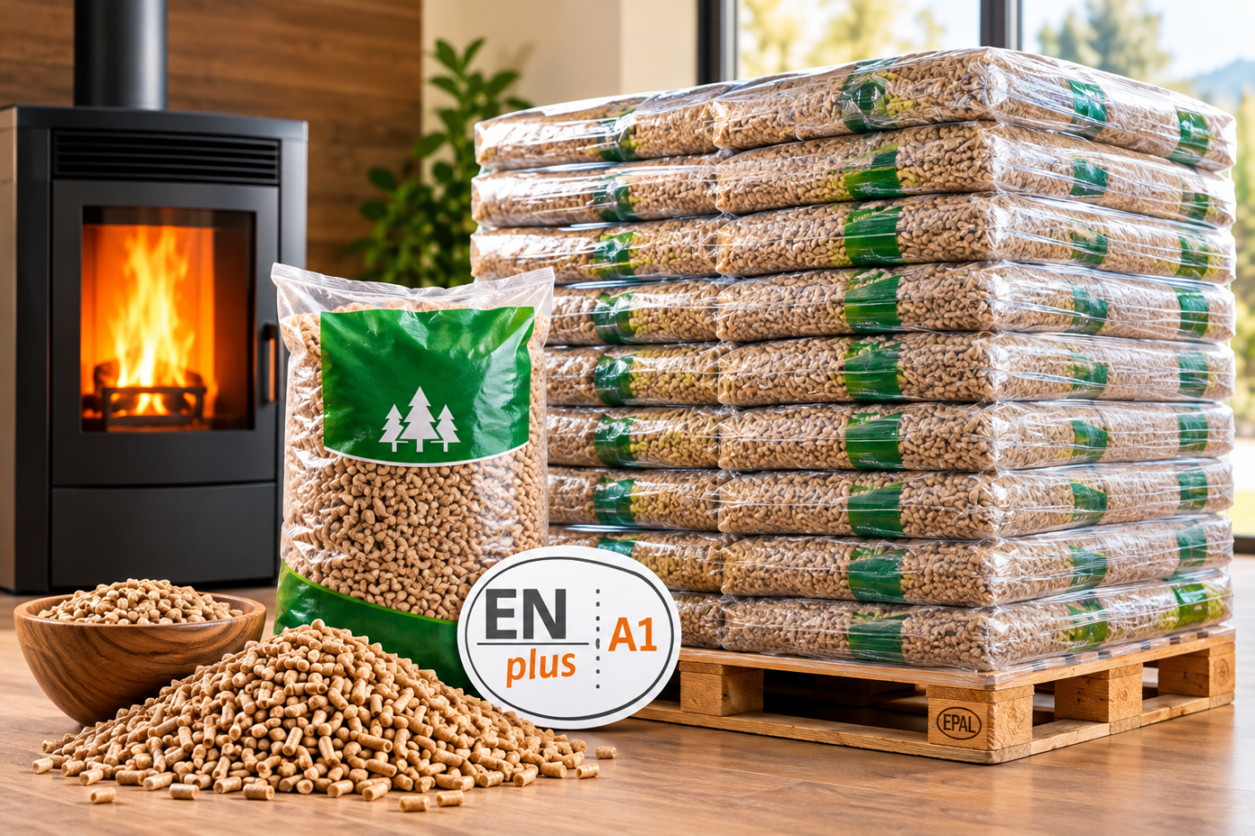 ENplus A1 wood pellets, pallet of 70 × 15 kg bags