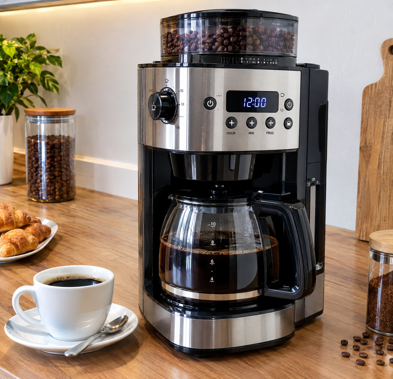 Drip coffee maker with grinder, 1.25 L, programmable