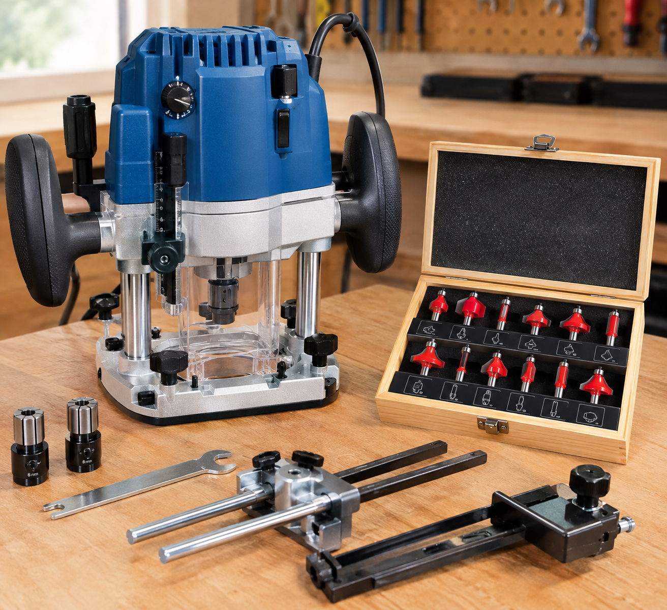 1200 W plunge router with 12 bits