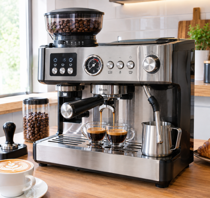 Siebträgermaschine mit integriertem Mahlwerk 15 bar