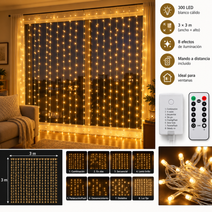 Cortina de luzes LED 3 × 3 m