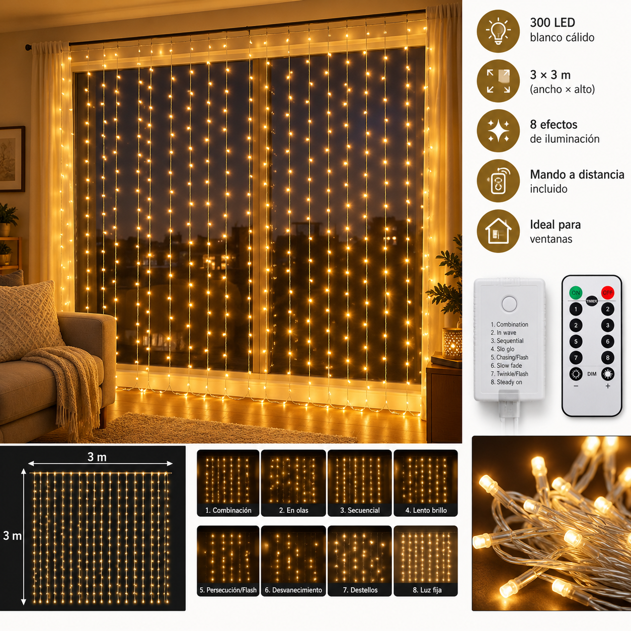 Cortina de luzes LED 3 × 3 m