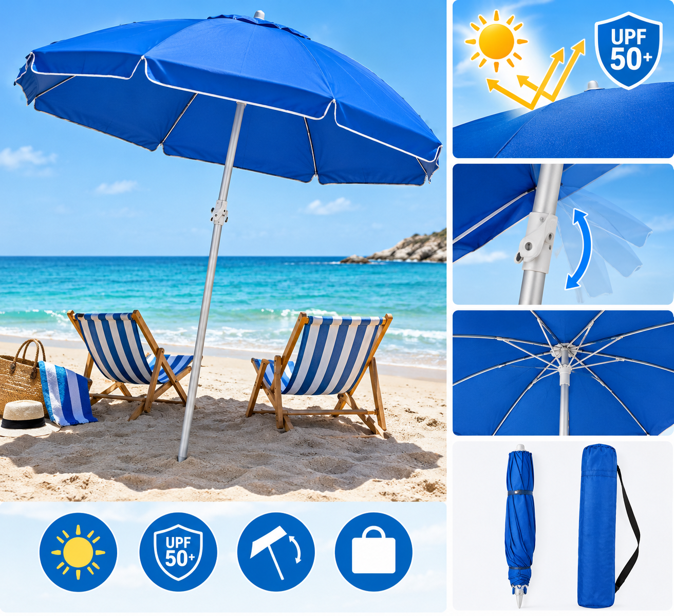 Chapéu de sol de praia 200 cm com proteção UV
