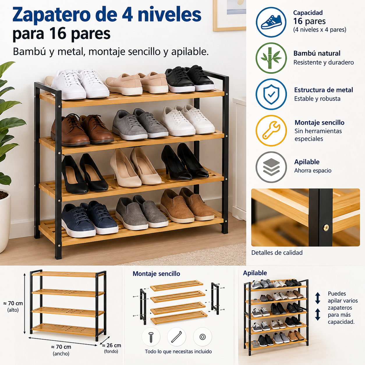 Sapateira de 4 níveis para 16 pares